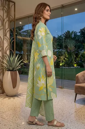 Green printed cotton blend stitched floral  print salwar kurta dupatta for women