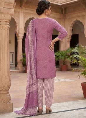 Pink printed cotton blend stitched bandhani  print salwar kurta dupatta for women 3