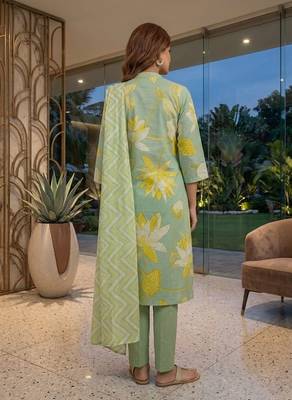 Green printed cotton blend stitched floral  print salwar kurta dupatta for women 3