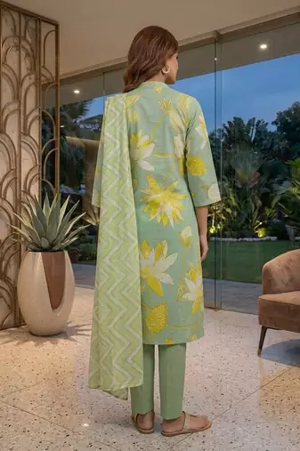 Green printed cotton blend stitched floral  print salwar kurta dupatta for women