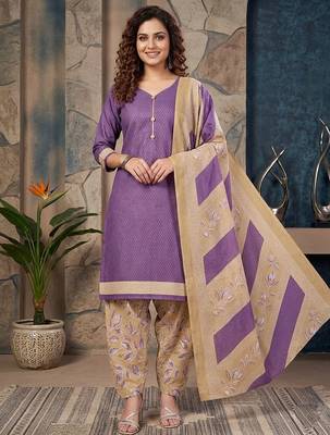 Purple printed cotton blend stitched geometric  print salwar kurta dupatta for women 1