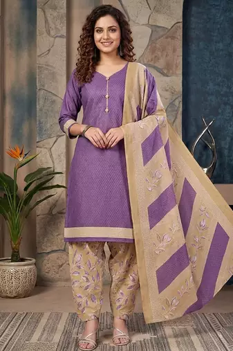 Purple printed cotton blend stitched geometric  print salwar kurta dupatta for women