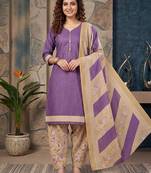 Purple printed cotton blend stitched geometric  print salwar kurta dupatta for women