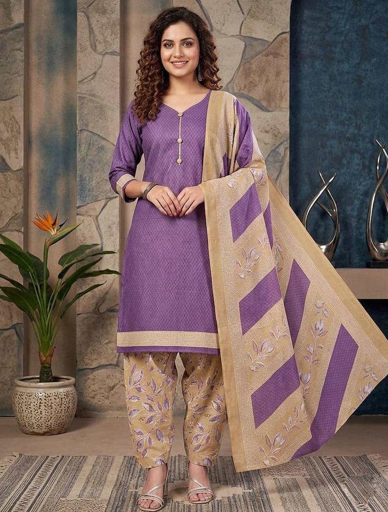 Purple printed cotton blend stitched geometric  print salwar kurta dupatta for women