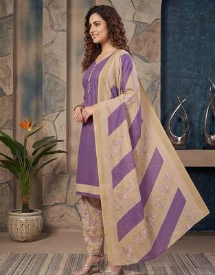 Purple printed cotton blend stitched geometric  print salwar kurta dupatta for women 2