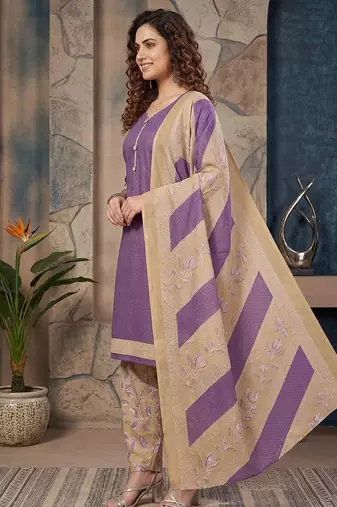 Purple printed cotton blend stitched geometric  print salwar kurta dupatta for women