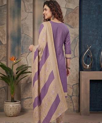 Purple printed cotton blend stitched geometric  print salwar kurta dupatta for women 3