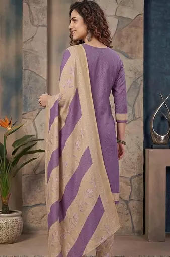 Purple printed cotton blend stitched geometric  print salwar kurta dupatta for women
