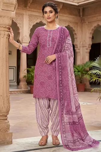 Pink printed cotton blend stitched bandhani  print salwar kurta dupatta for women