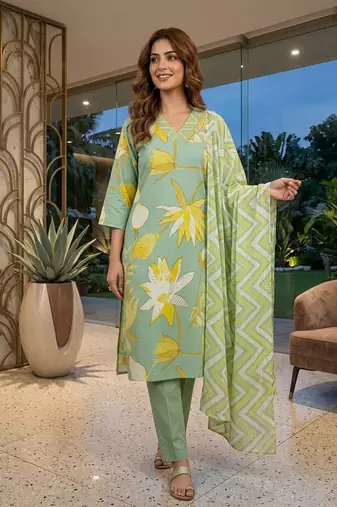 Green printed cotton blend stitched floral  print salwar kurta dupatta for women