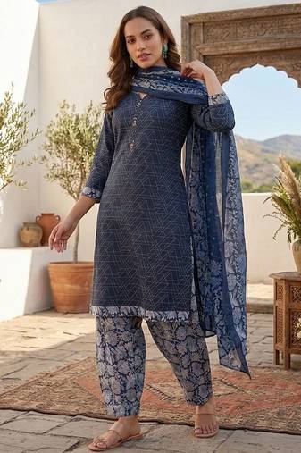 Blue printed cotton blend stitched geometric  print salwar kurta dupatta for women