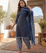 Blue printed cotton blend stitched geometric  print salwar kurta dupatta for women