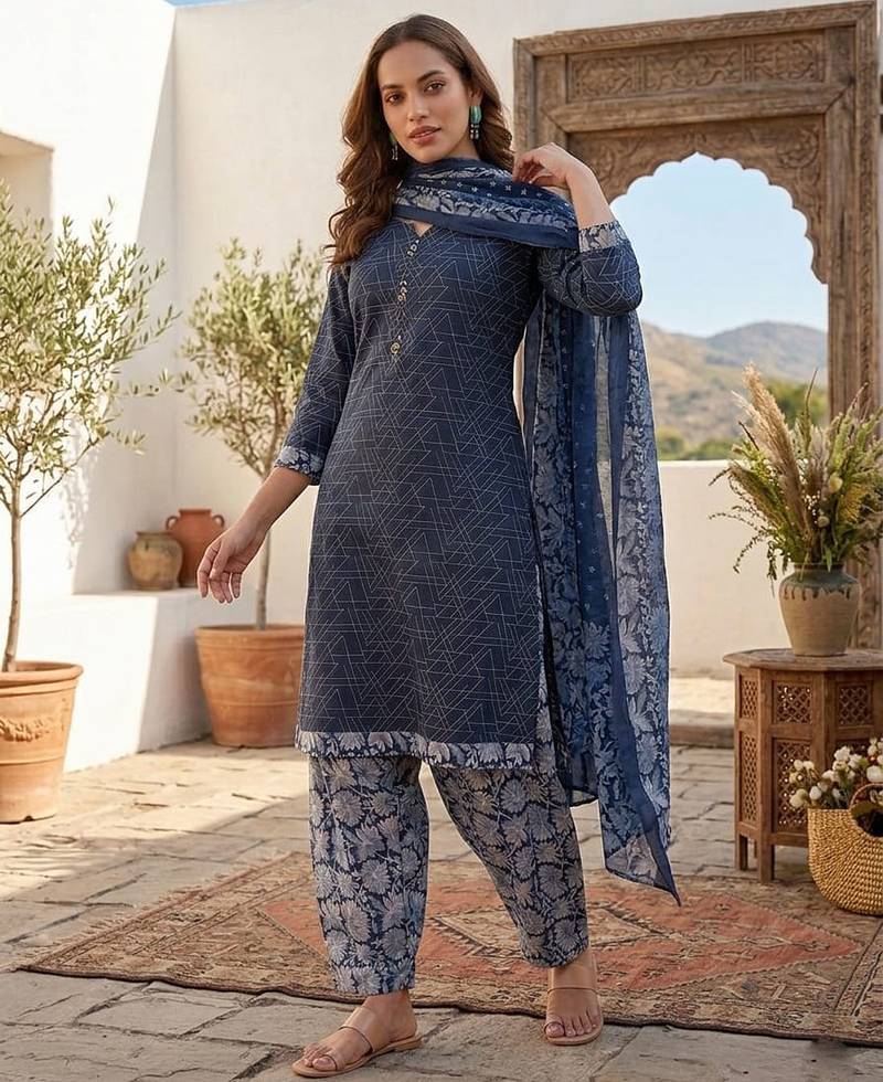 Blue printed cotton blend stitched geometric  print salwar kurta dupatta for women