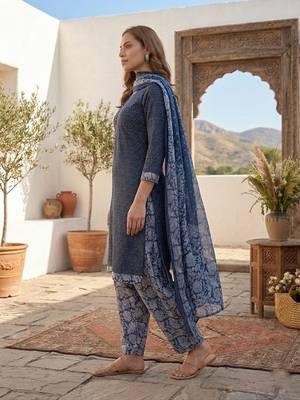Blue printed cotton blend stitched geometric  print salwar kurta dupatta for women 2