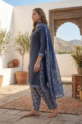 Blue printed cotton blend stitched geometric  print salwar kurta dupatta for women