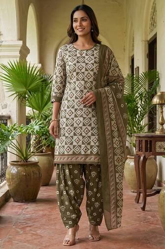 Green printed cotton blend stitched geometric  print salwar kurta dupatta for women