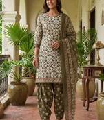 Green printed cotton blend stitched geometric  print salwar kurta dupatta for women