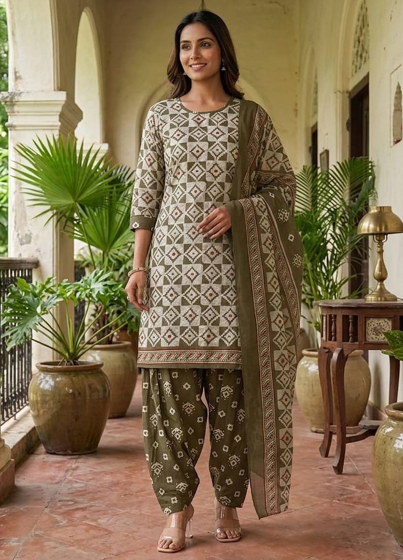 Green printed cotton blend stitched geometric  print salwar kurta dupatta for women