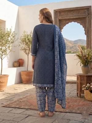 Blue printed cotton blend stitched geometric  print salwar kurta dupatta for women 3