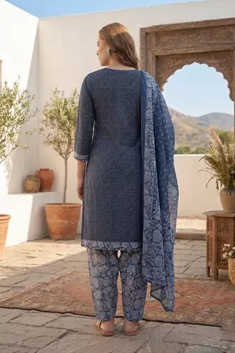 Blue printed cotton blend stitched geometric  print salwar kurta dupatta for women