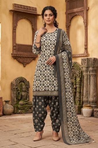 Grey printed cotton blend stitched geometric  print salwar kurta dupatta for women