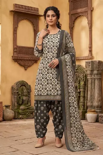 Grey printed cotton blend stitched geometric  print salwar kurta dupatta for women