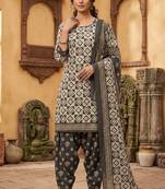 Grey printed cotton blend stitched geometric  print salwar kurta dupatta for women