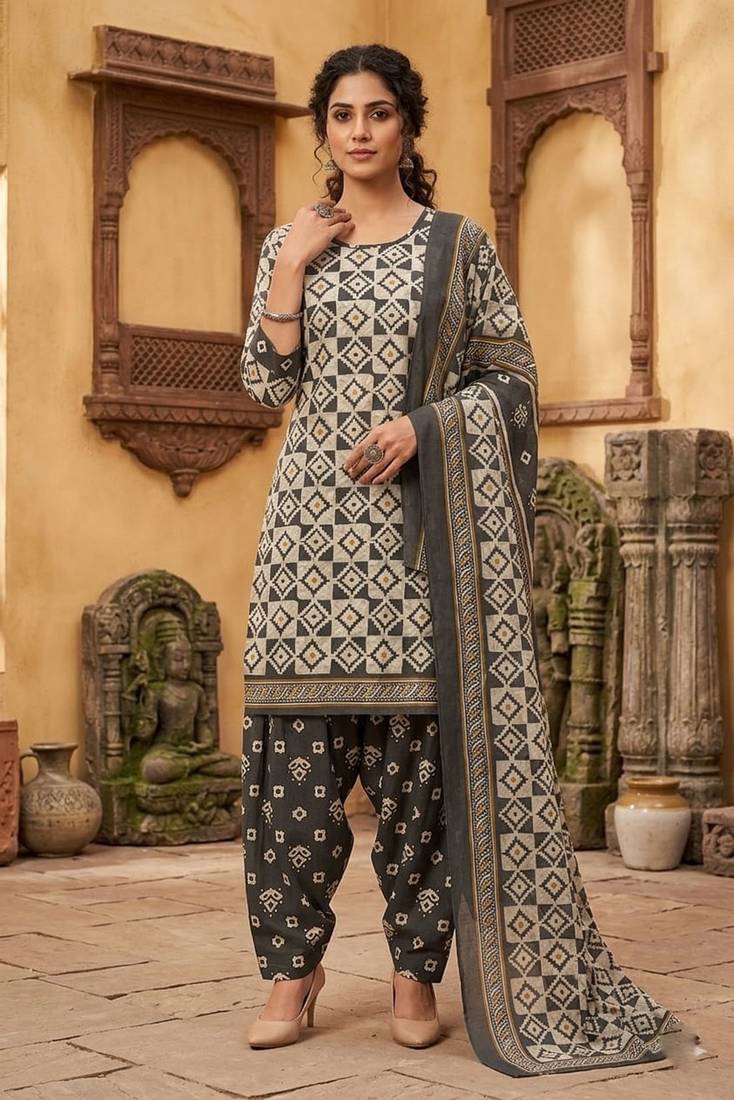 Grey printed cotton blend stitched geometric  print salwar kurta dupatta for women