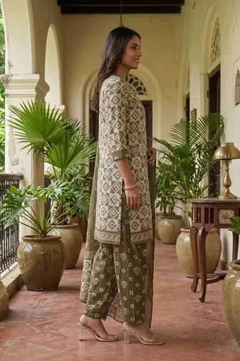 Green printed cotton blend stitched geometric  print salwar kurta dupatta for women