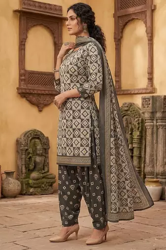 Grey printed cotton blend stitched geometric  print salwar kurta dupatta for women