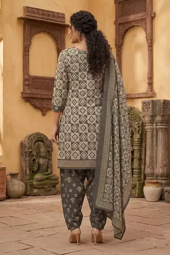 Grey printed cotton blend stitched geometric  print salwar kurta dupatta for women