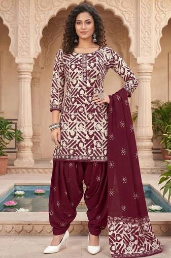 Red printed cotton blend stitched geometric  print salwar kurta dupatta for women