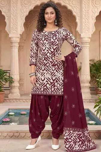 Red printed cotton blend stitched geometric  print salwar kurta dupatta for women