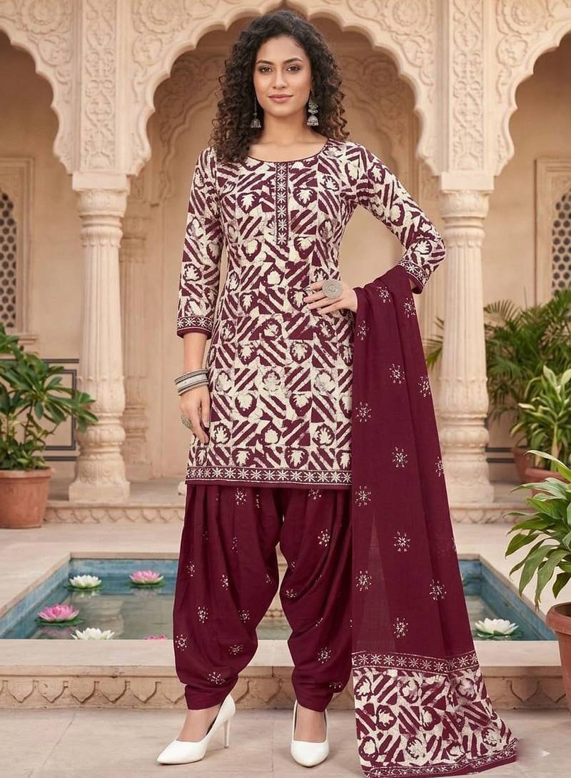Red printed cotton blend stitched geometric  print salwar kurta dupatta for women