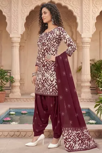 Red printed cotton blend stitched geometric  print salwar kurta dupatta for women