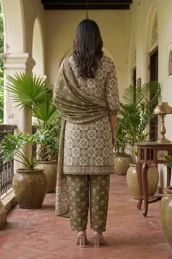 Green printed cotton blend stitched geometric  print salwar kurta dupatta for women