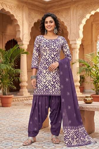 Purple printed cotton blend stitched geometric  print salwar kurta dupatta for women