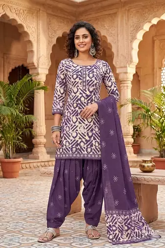 Purple printed cotton blend stitched geometric  print salwar kurta dupatta for women