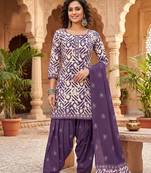 Purple printed cotton blend stitched geometric  print salwar kurta dupatta for women