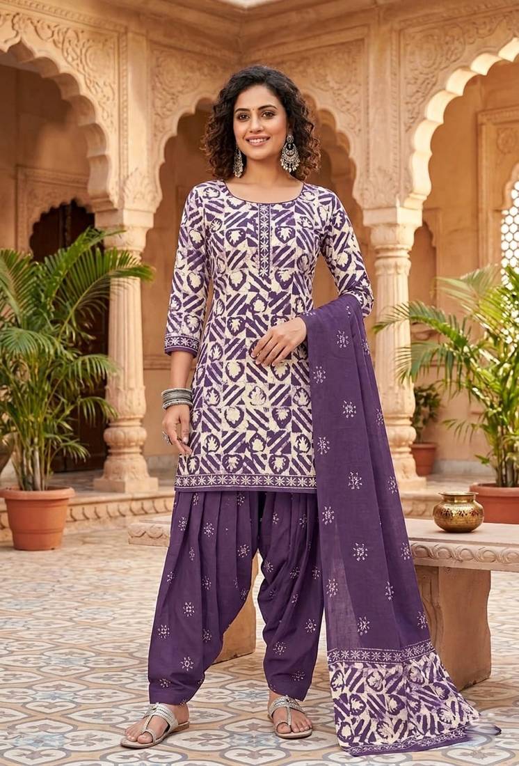 Purple printed cotton blend stitched geometric  print salwar kurta dupatta for women