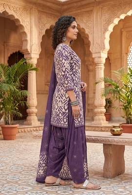 Purple printed cotton blend stitched geometric  print salwar kurta dupatta for women 2