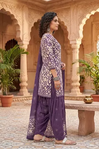 Purple printed cotton blend stitched geometric  print salwar kurta dupatta for women