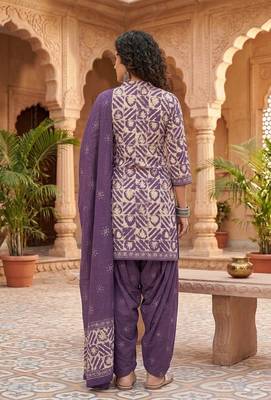Purple printed cotton blend stitched geometric  print salwar kurta dupatta for women 3
