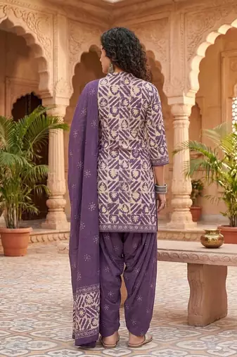 Purple printed cotton blend stitched geometric  print salwar kurta dupatta for women