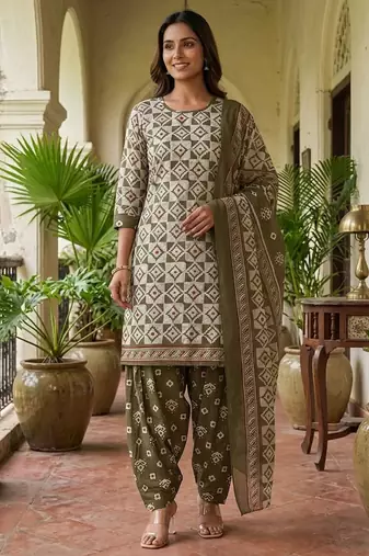 Green printed cotton blend stitched geometric  print salwar kurta dupatta for women