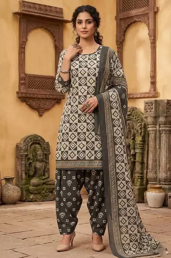 Grey printed cotton blend stitched geometric  print salwar kurta dupatta for women