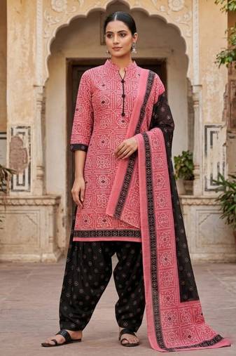 Pink printed cotton blend stitched geometric  print salwar kurta dupatta for women