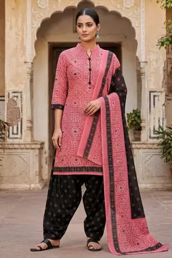 Pink printed cotton blend stitched geometric  print salwar kurta dupatta for women