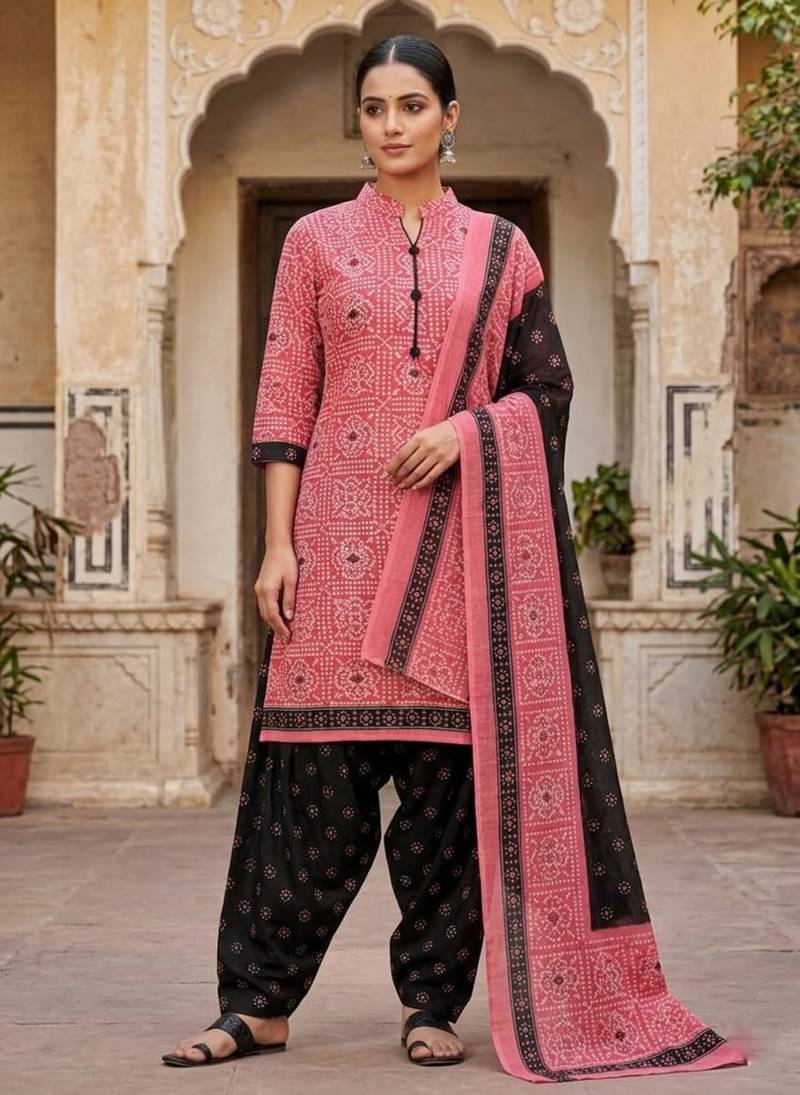 Pink printed cotton blend stitched geometric  print salwar kurta dupatta for women