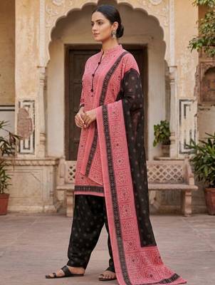 Pink printed cotton blend stitched geometric  print salwar kurta dupatta for women 2